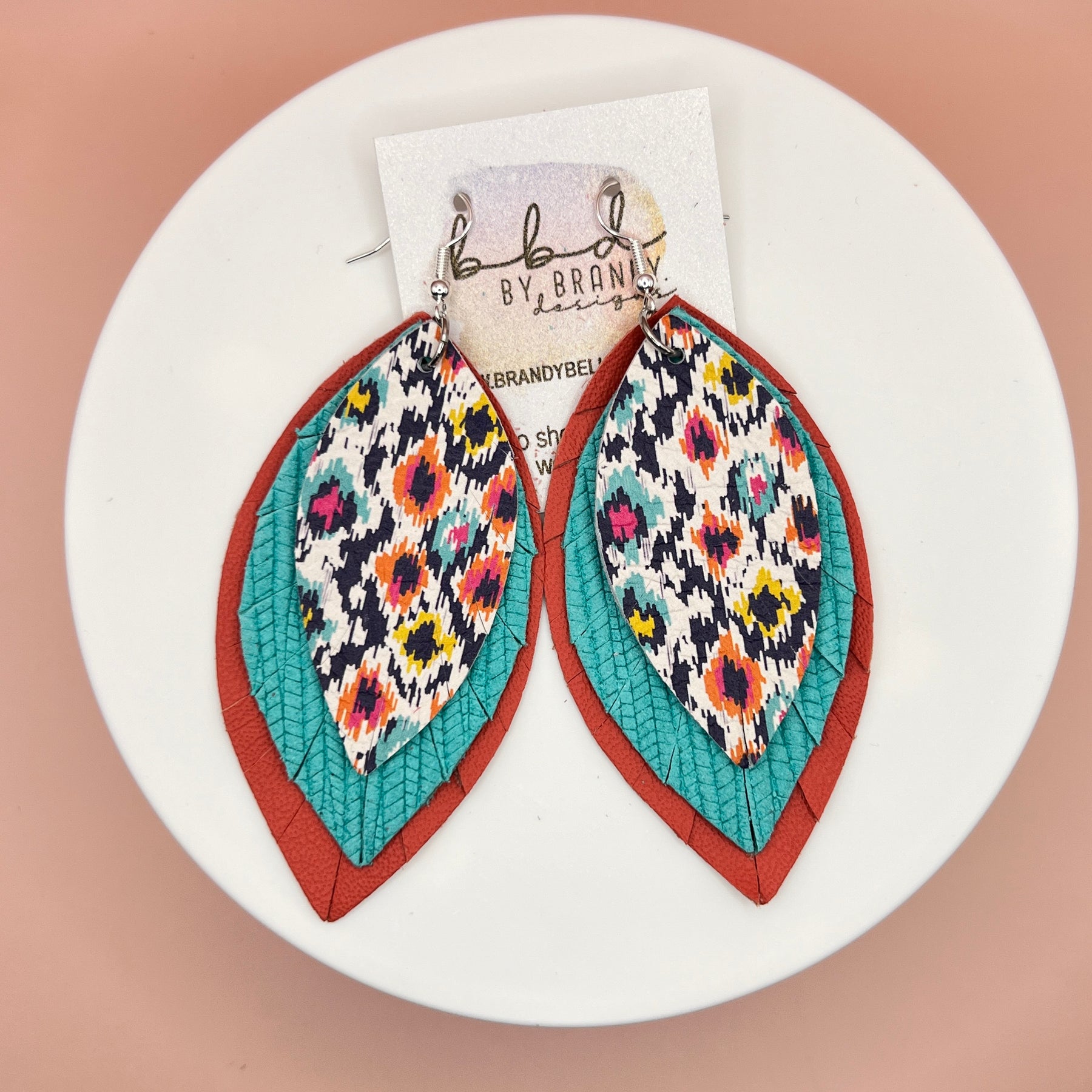 Leather Earrings - Multicolor New Multi-Color Fall Leaves & Pumpkins Teardrop Hand-cut  main image 3