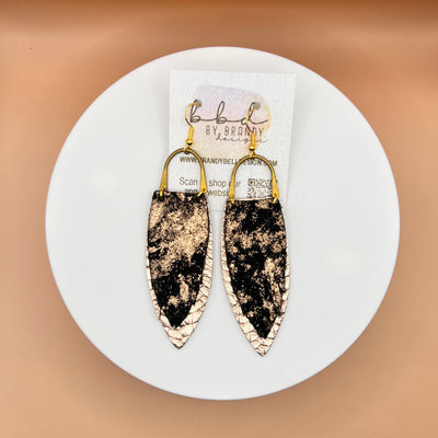 GRACE *Limited Edition* || Leather Earrings with BRASS ARCH  || <BR> METALLIC ROSE GOLD NORTHERN LIGHTS, <BR> METALLIC ROSE GOLD BRAID