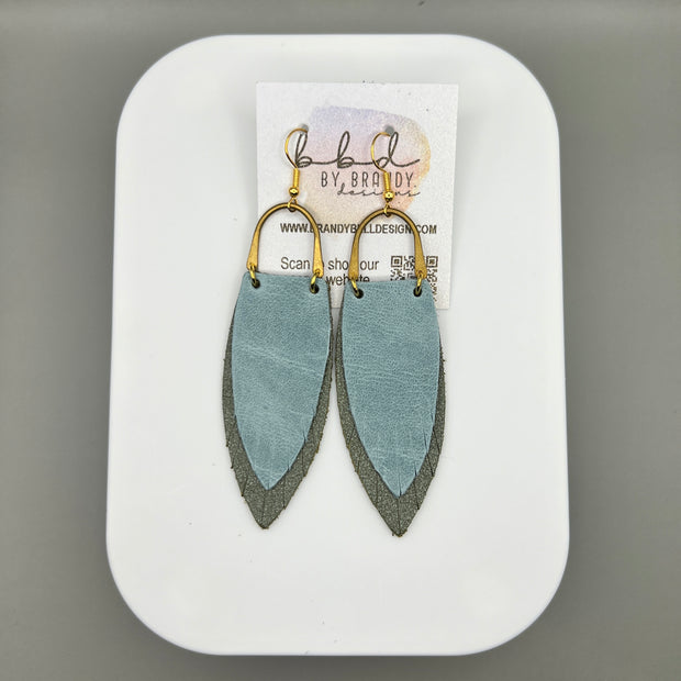 GRACE *Limited Edition* || Leather Earrings with BRASS ARCH  || <BR> DUSTY AQUA RIVIERA, <BR> PEARLIZED OLIVE