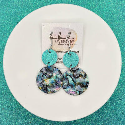 CALLIE - Leather Earrings  ||  <BR> AQUA FINE GLITTER, <BR> ABALONE