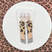 CODY - Leather Earrings  ||  <BR>  CARAMEL CHEETAH, <BR> SHIMMER VINTAGE PINK,  <BR> SHIMMER GRAY