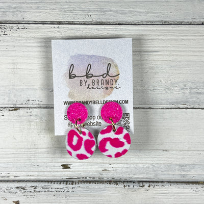 LUNA -  Leather Earrings ON POST   ||  <BR> NEON PINK FINE GLITTER, <BR> FELTED PINK & WHITE ANIMAL PRINT (RAISED TEXTURE)