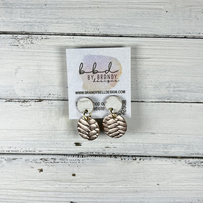 LUNA -  Leather Earrings ON POST  ||  MATTE WHITE (ON CORK), <BR>  METALLIC ROSE GOLD BRAID