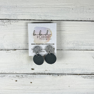 LUNA -  Leather Earrings ON POST ||  <BR> SILVER FINE GLITTER, <BR> MATTE DARK GRAY