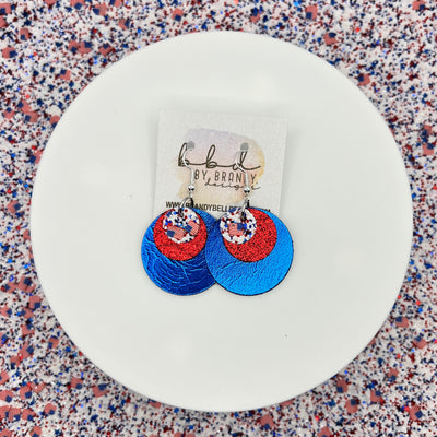 GRAY - Leather Earrings  ||  <BR>  METALLIC RED PEBBLED,  <BR> AMERICANA- WITH FLAGS (FAUX LEATHER), <BR>METALLIC BLUE SMOOTH