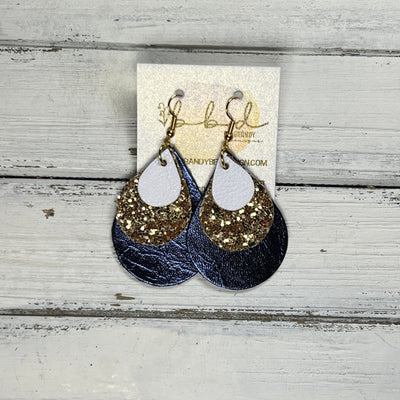 LINDSEY -  Leather Earrings  ||  <BR> MATTE WHITE, <BR> GOLD GLITTER (FAUX LEATHER), <BR> METALLIC NAVY BLUE