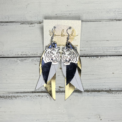 ANDY (WITH METAL TIGER) -  Leather Earrings  ||  <BR> METALLIC NAVY BLUE SMOOTH, <BR> MATTE WHITE, <BR> METALLIC GOLD SMOOTH
