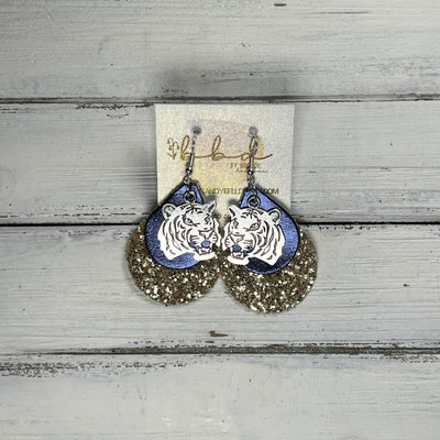 LINDSEY  (WITH METAL TIGER)-  Leather Earrings  || <BR> METALLIC NAVY BLUE,  <BR> GOLD GLITTER (FAUX LEATHER)