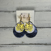 LINDSEY  (WITH METAL TIGER)-  Leather Earrings  ||  <BR> MATTE WHITE, <BR> METALLIC NAVY BLUE