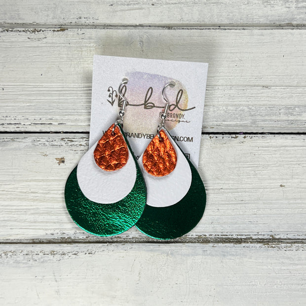 LINDSEY -  Leather Earrings  ||  <BR> METALLIC ORANGE COBRA, <BR> MATTE WHITE, <BR> METALLIC GREEN SMOOTH