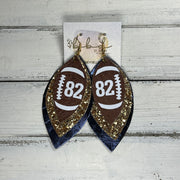 (CUSTOM) GINGER -  Leather Earrings  ||    <BR> BROWN (FAUX LEATHER) FOOTBALL WITH CUSTOM NUMBER,<BR>GOLD GLITTER (FAUX LEATHER), <BR> METALLIC NAVY BLUE SMOOTH