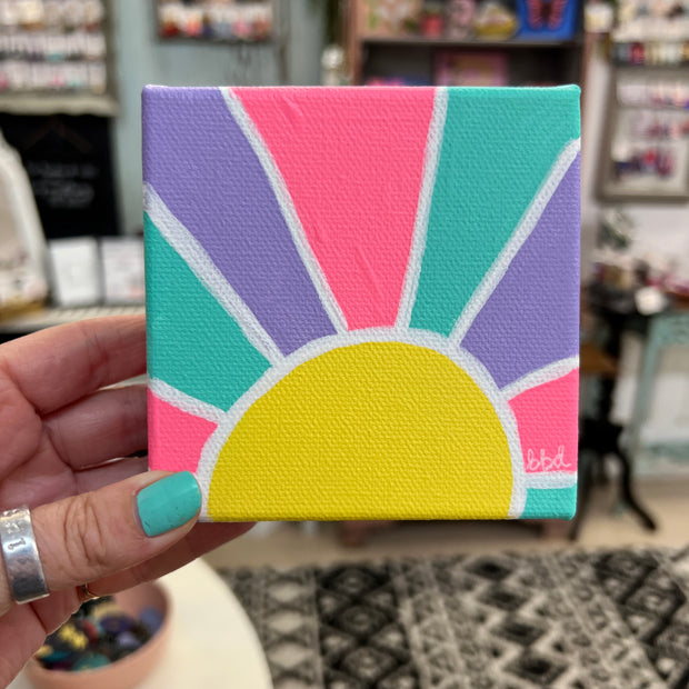 4" x 4" x 1.5" MINI Painting on wrapped canvas by Brandy Bell - Aqua/Purple/Pink Sun
