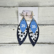 (CUSTOM) DOROTHY -  Leather Earrings  ||    <BR> CAROLINA BLUE WITH CUSTOM NUMBER,<BR> SOCCER PRINT, <BR> METALLIC NAVY BLUE