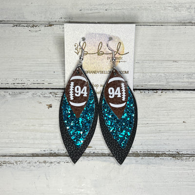 (CUSTOM) DOROTHY -  Leather Earrings  ||    <BR> BROWN (FAUX LEATHER) FOOTBALL WITH CUSTOM NUMBER,<BR>TEAL GLITTER (FAUX LEATHER), <BR> MATTE BLACK