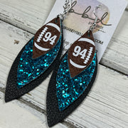 (CUSTOM) DOROTHY -  Leather Earrings  ||    <BR> BROWN (FAUX LEATHER) FOOTBALL WITH CUSTOM NUMBER,<BR>TEAL GLITTER (FAUX LEATHER), <BR> MATTE BLACK
