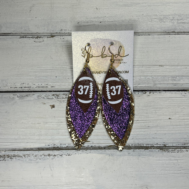 (CUSTOM) DOROTHY -  Leather Earrings  ||    <BR> BROWN (FAUX LEATHER) FOOTBALL WITH CUSTOM NUMBER,<BR>METALLIC PURPLE PEBBLED, <BR> GOLD GLITTER (FAUX LEATHER)