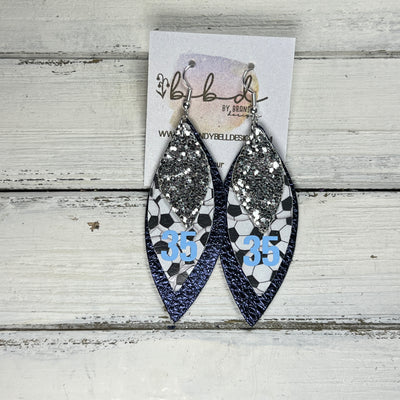 (CUSTOM) DOROTHY -  Leather Earrings  ||    <BR> SILVER GLITTER (FAUX LEATHER),<BR> SOCCER PRINT WITH CUSTOM NUMBER, <BR> METALLIC NAVY BLUE
