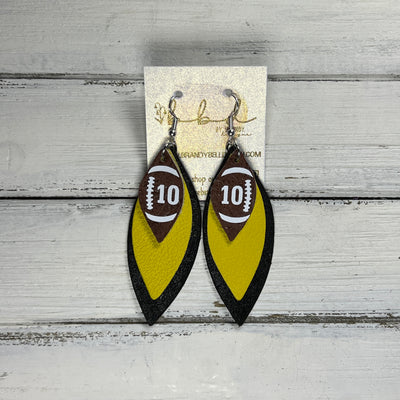 (CUSTOM) DOROTHY -  Leather Earrings  ||    <BR> BROWN (FAUX LEATHER) FOOTBALL WITH CUSTOM NUMBER,<BR> MATTE YELLOW, <BR> SHIMMER BLACK