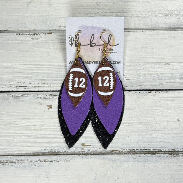 (CUSTOM) DOROTHY -  Leather Earrings  ||    <BR> BROWN (FAUX LEATHER) FOOTBALL WITH CUSTOM NUMBER,<BR> MATTE PURPLE, <BR>BLACK GLITTER (FAUX LEATHER)