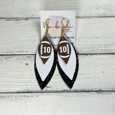 (CUSTOM) DOROTHY -  Leather Earrings  ||    <BR> BROWN (FAUX LEATHER) FOOTBALL WITH CUSTOM NUMBER,<BR> MATTE WHITE, <BR>BLACK GLITTER (FAUX LEATHER)