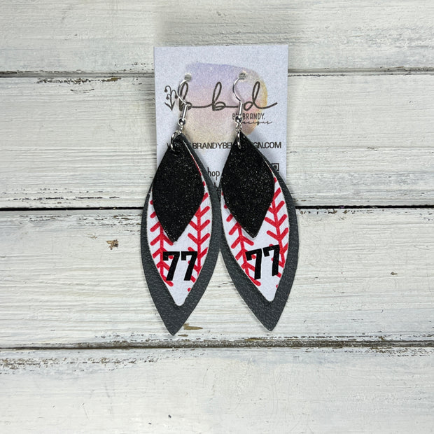 (CUSTOM) DOROTHY -  Leather Earrings  ||    <BR>SHIMMER BLACK,<BR> BASEBALL THREADS WITH CUSTOM NUMBER, <BR> MATTE DARK GRAY (CUSTOM COLORS AVAILABLE!)