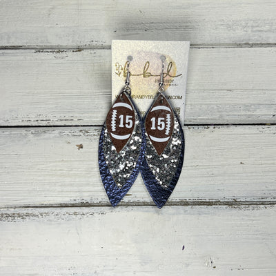 (CUSTOM) DOROTHY -  Leather Earrings  ||    <BR> BROWN (FAUX LEATHER) FOOTBALL WITH CUSTOM NUMBER,<BR> SILVER GLITTER (FAUX LEATHER), <BR>METALLIC NAVY BLUE