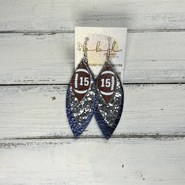 (CUSTOM) DOROTHY -  Leather Earrings  ||    <BR> BROWN (FAUX LEATHER) FOOTBALL WITH CUSTOM NUMBER,<BR> SILVER GLITTER (FAUX LEATHER), <BR>METALLIC NAVY BLUE