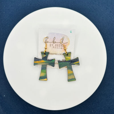 HAND-PAINTED WOODEN CROSS ||  <br> Hand-painted earrings by Brandy Bell <br> GREEN, MUSTARD & NAVY #2