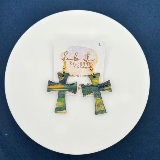 HAND-PAINTED WOODEN CROSS ||  <br> Hand-painted earrings by Brandy Bell <br> GREEN, MUSTARD & NAVY #2