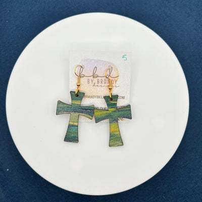 HAND-PAINTED WOODEN CROSS ||  <br> Hand-painted earrings by Brandy Bell <br> GREEN, MUSTARD & NAVY #5