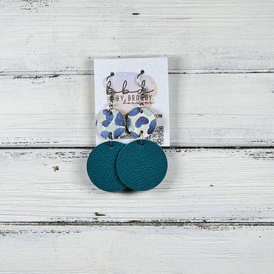 CALLIE - Leather Earrings  ||  <BR>BLUE & SAGE CHEETAH (ON CORK), <BR> MATTE DARK TEAL