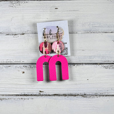 HOPE - Leather Earrings  ||  <BR> SHADES OF PINK (ON CORK), <BR> MATTE NEON PINK