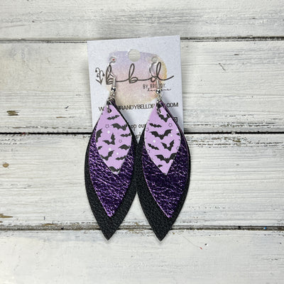 DOROTHY - Leather Earrings   ||  <BR> BATS & STARS (FAUX LEATHER),  <BR>  METALLIC PURPLE PEBBLED, <BR>  MATTE BLACK
