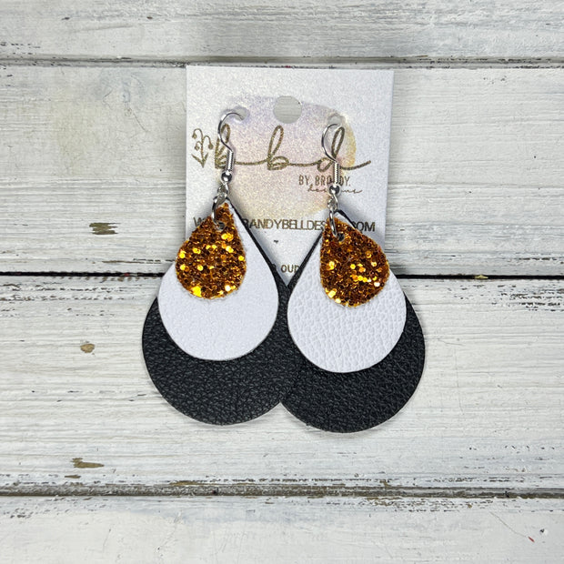 LINDSEY - Leather Earrings   ||  <BR> ORANGE GLITTER (FAUX LEATHER),  <BR>  MATTE WHITE, <BR>  MATTE BLACK