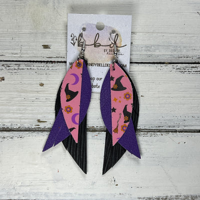 ANDY - Leather Earrings   ||  <BR> WITCH HATS ON PINK (FAUX LEATHER),  <BR>  MATTE PURPLE, <BR> BLACK PALMS