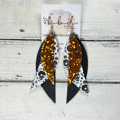 ANDY - Leather Earrings   ||  <BR> ORANGE GLITTER (FAUX LEATHER),  <BR>  WHITE WITH BLACK SKULLS, <BR>  MATTE BLACK