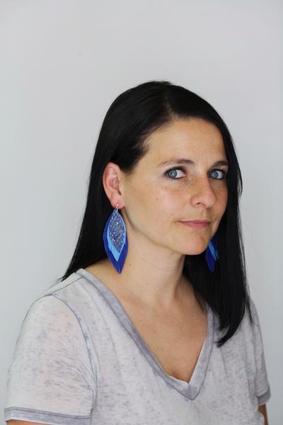 INDIA -  Leather Earrings  ||   <BR> AMERICANA GLITTER (FAUX LEATHER), <BR> METALLIC RED PEBBLED, <BR> COBALT BLUE BRAID