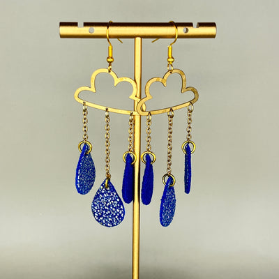 SUEDE + STEEL *Limited Edition* || Leather Earrings || BRASS CLOUD WITH DANGLE LEATHER RAINDROPS  || <BR> SPARKLE BLUE