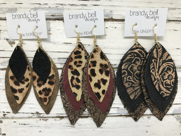 DOROTHY - Leather Earrings   ||  <BR>  MATTE BLACK, <BR> PINK FLORAL ON BLACK,  <BR> BURGUNDY PALMS