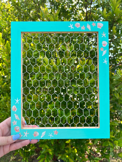 Rectangle Hand-Painted framed by Brandy Bell -EARRING HOLDER with chicken wire (Aqua with shells)