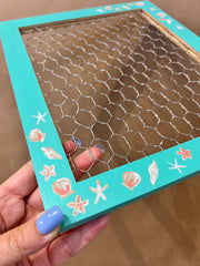 Rectangle Hand-Painted framed by Brandy Bell -EARRING HOLDER with chicken wire (Aqua with shells)
