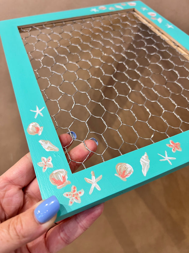 Rectangle Hand-Painted framed by Brandy Bell -EARRING HOLDER with chicken wire (Aqua with shells)