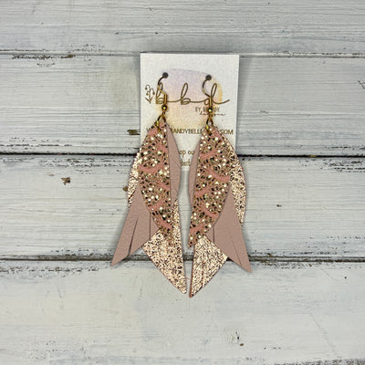 ANDY - Leather Earrings   ||  <BR> ROSE GOLD LACE GLITTER (FAUX LEATHER),  <BR>  MATTE BLUSH PINK, <BR>  METALLIC ROSE GOLD PEBBLED