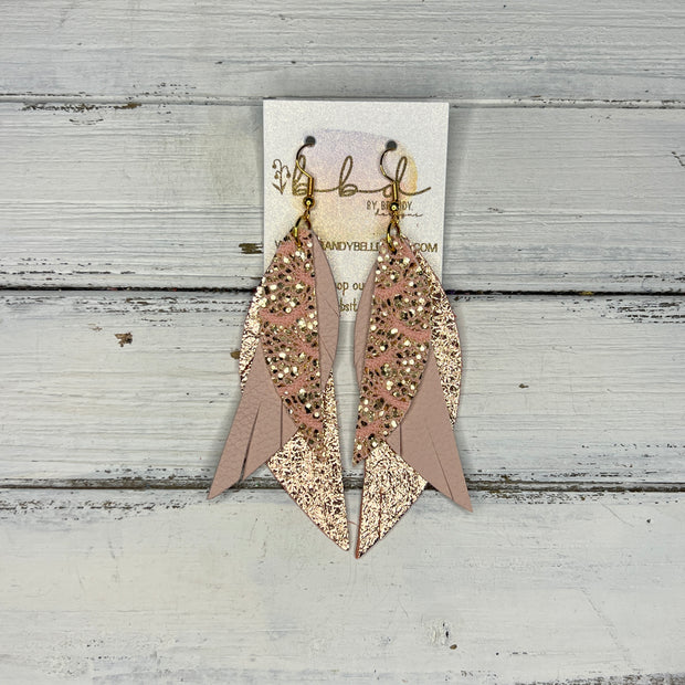 ANDY - Leather Earrings   ||  <BR> ROSE GOLD LACE GLITTER (FAUX LEATHER),  <BR>  MATTE BLUSH PINK, <BR>  METALLIC ROSE GOLD PEBBLED