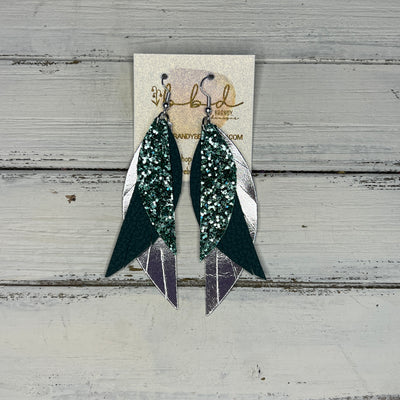 ANDY - Leather Earrings   ||  <BR> SAGE GLITTER (FAUX LEATHER),  <BR>  MATTE SPRUCE GREEN, <BR>  METALLIC SILVER SMOOTH