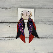 ANDY - Leather Earrings   ||  <BR> IRIDESCENT PURPLE GLITTER (FAUX LEATHER),  <BR>  MATTE BLACK, <BR> ORANGE/RED PALMS