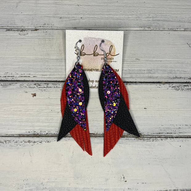 ANDY - Leather Earrings   ||  <BR> IRIDESCENT PURPLE GLITTER (FAUX LEATHER),  <BR>  MATTE BLACK, <BR> ORANGE/RED PALMS