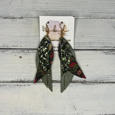 ANDY - Leather Earrings   ||  <BR> OLIVE GLITTER (FAUX LEATHER),  <BR>  GOTHIC FLORAL ON BLACK, <BR>  PEARLIZED OLIVE