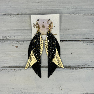 ANDY - Leather Earrings   ||  <BR> NEW YEARS EVE GLITTER (FAUX LEATHER),  <BR>  METALLIC GOLD BRAID, <BR>  BLACK HONEYCOMB TEXTURE