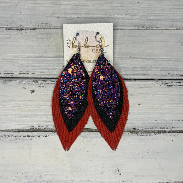 INDIA - Leather Earrings   ||  <BR> IRIDESCENT PURPLE GLITTER (FAUX LEATHER),  <BR>  MATTE BLACK, <BR> ORANGE/RED PALMS